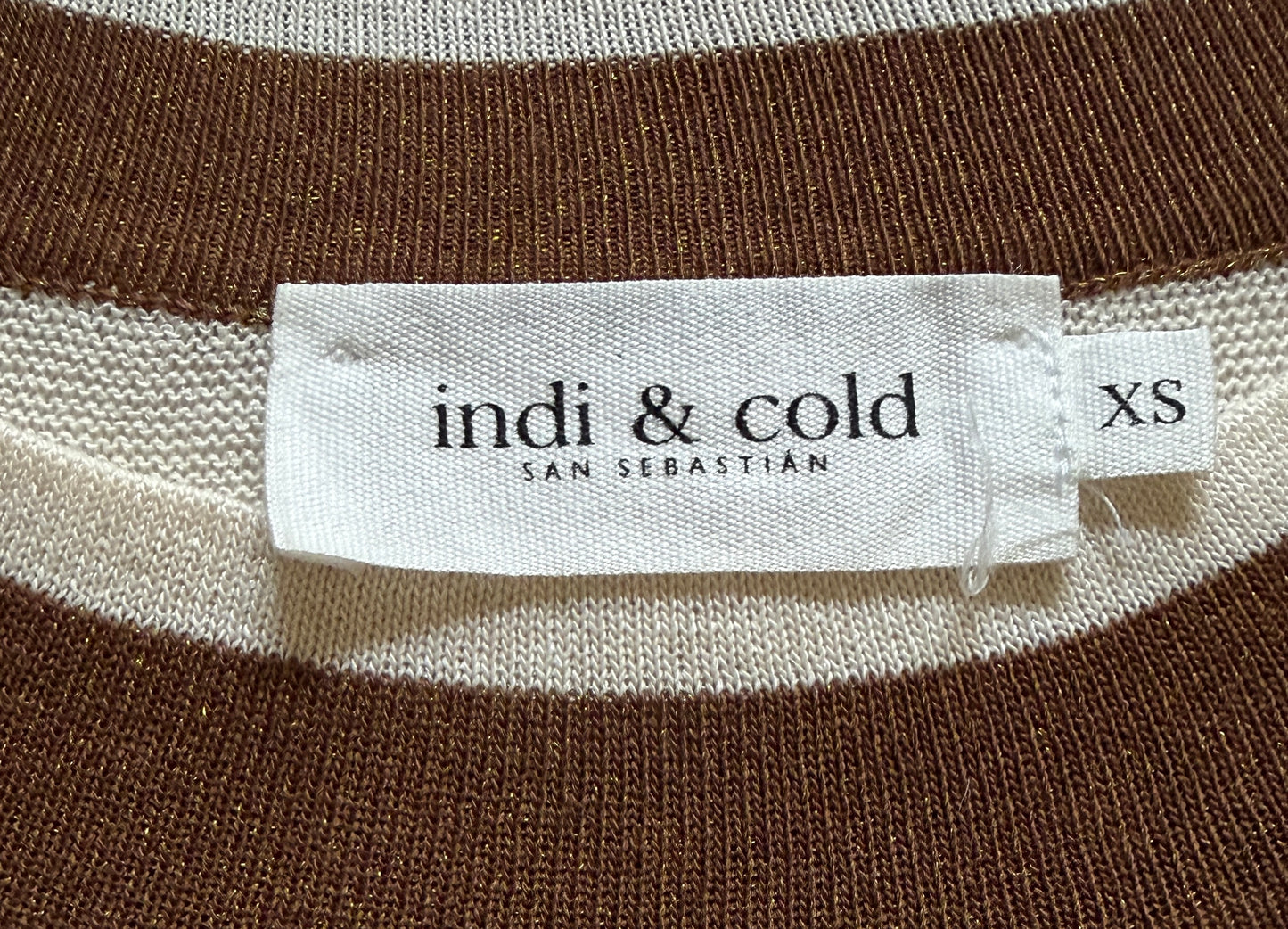 Pull marin à manches courtes beige et chocolat en maille lurex