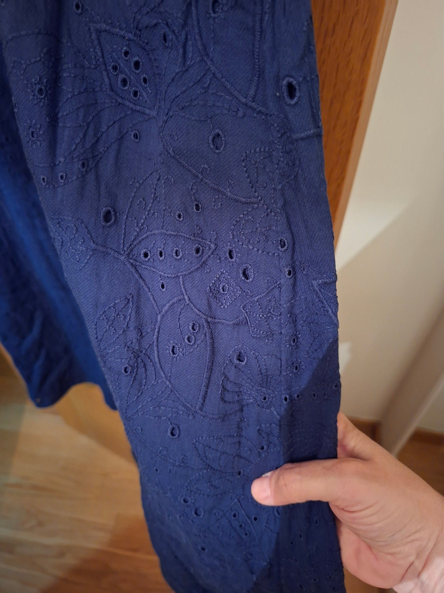 Indigo blue midi dress with Swiss embroidery