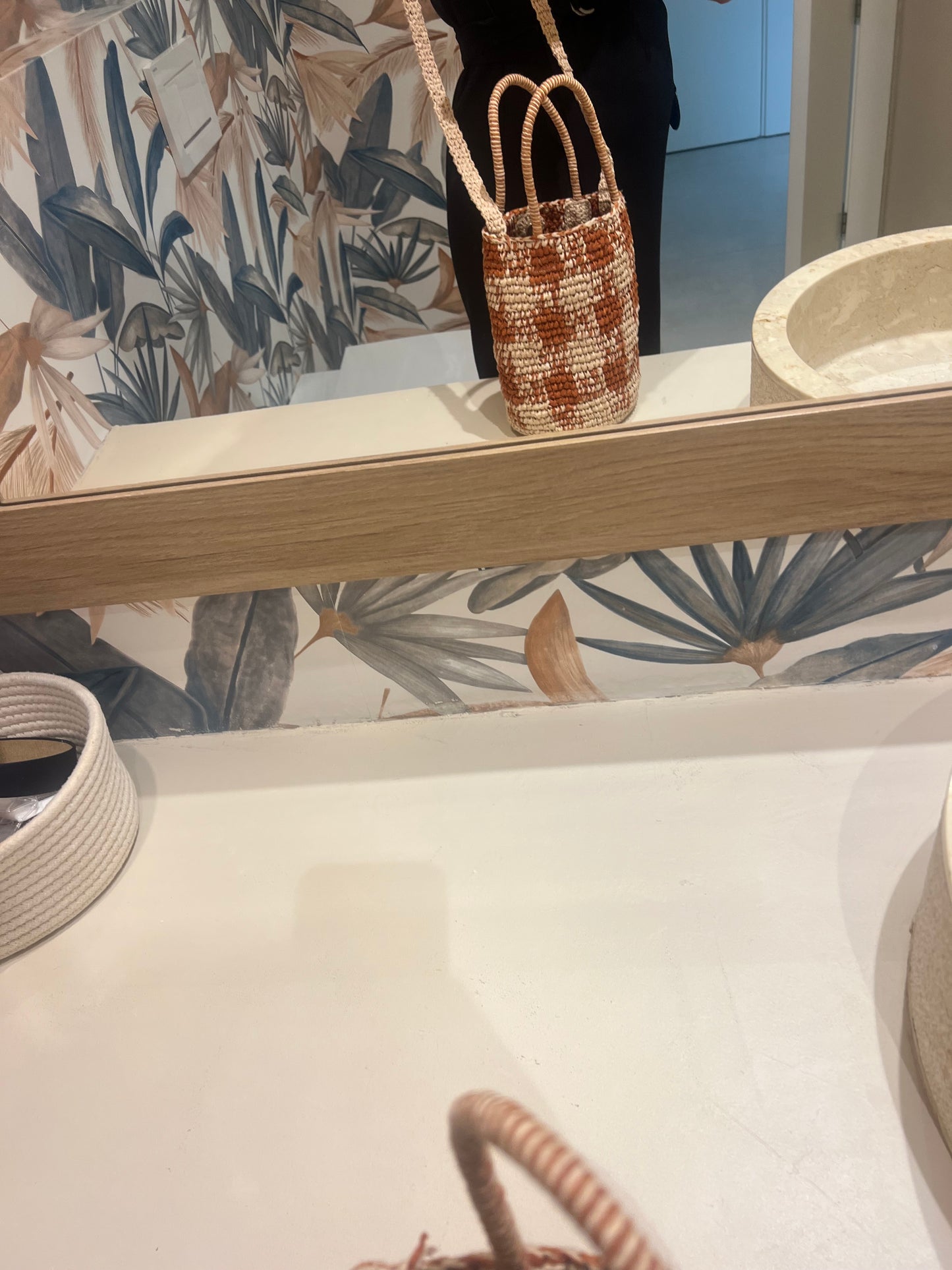 Natural and terracotta check raffia bag