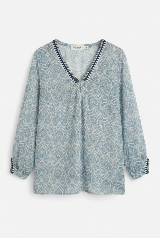 Printed tunic top in blue tones