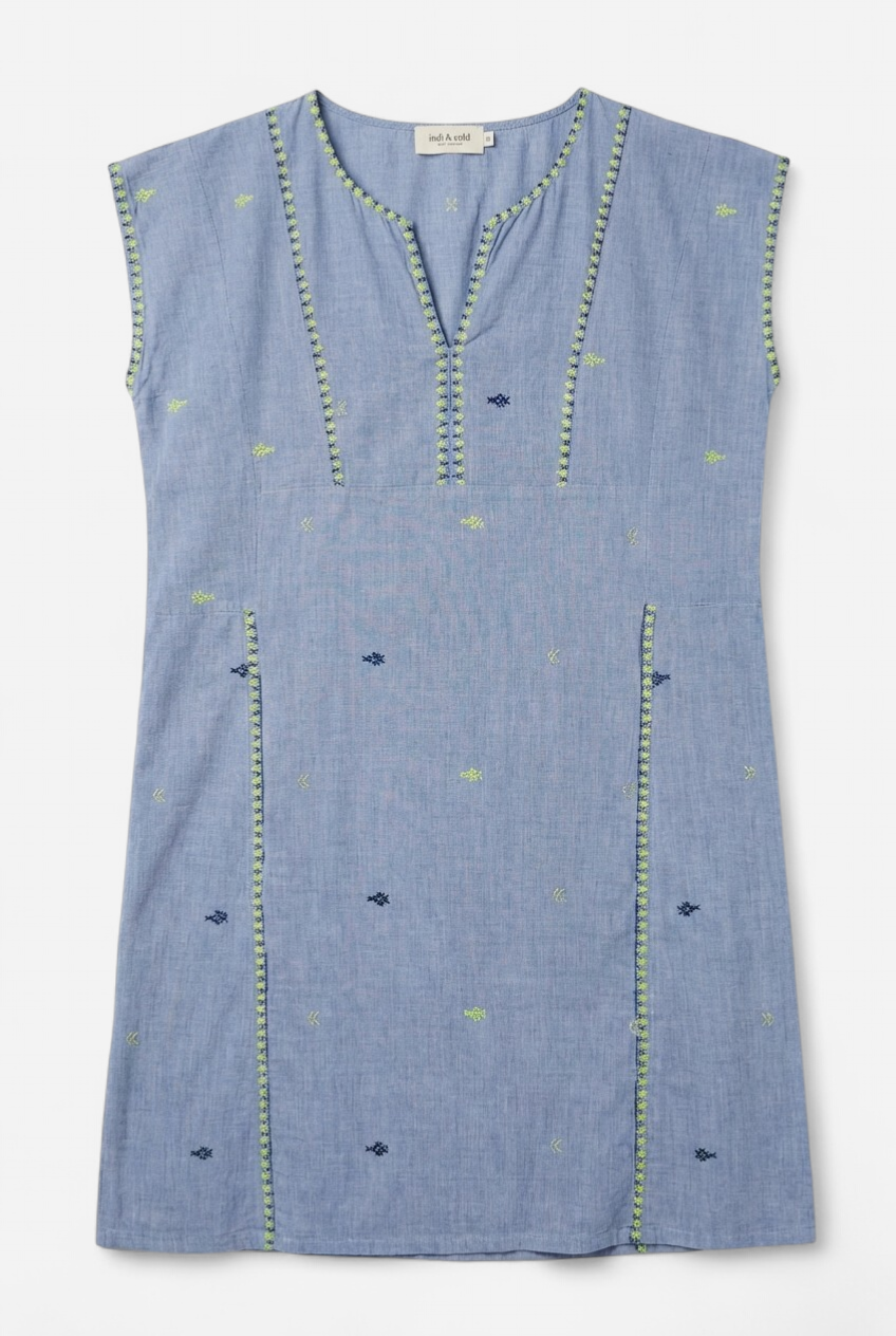 Vestido azul con bordados fluor