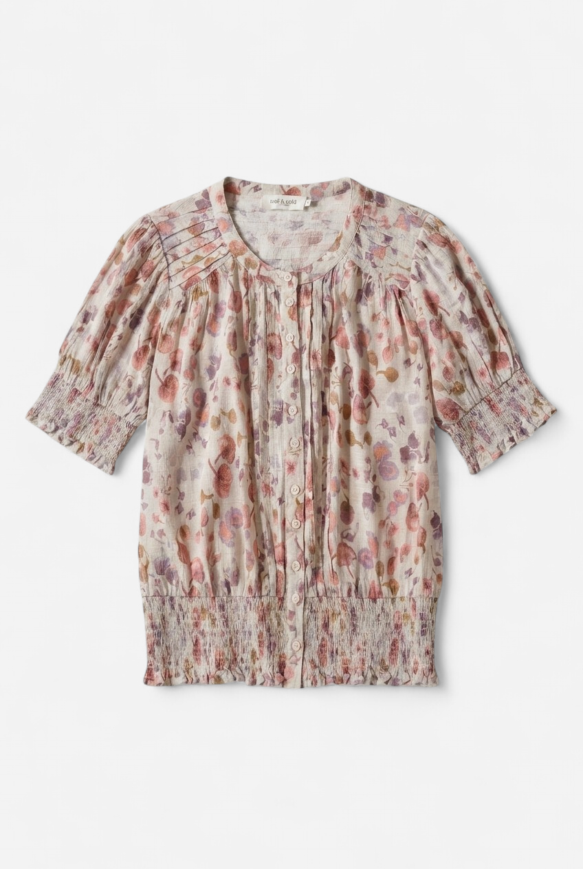 Blusa con jaretas y fruncido cintura estampado hongo