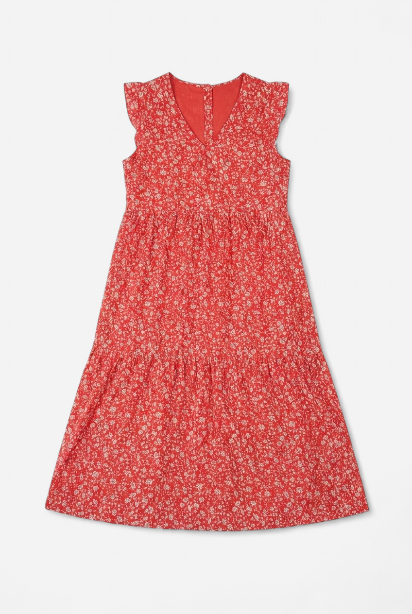 Red long midi dress with Liberty print