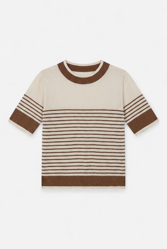 Pull marin à manches courtes beige et chocolat en maille lurex
