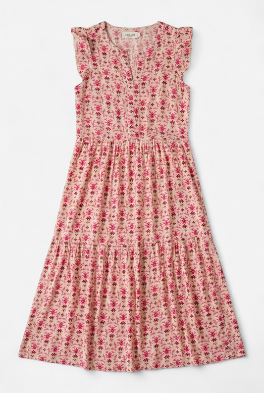 Vestido largo motivos fucsia y rosa