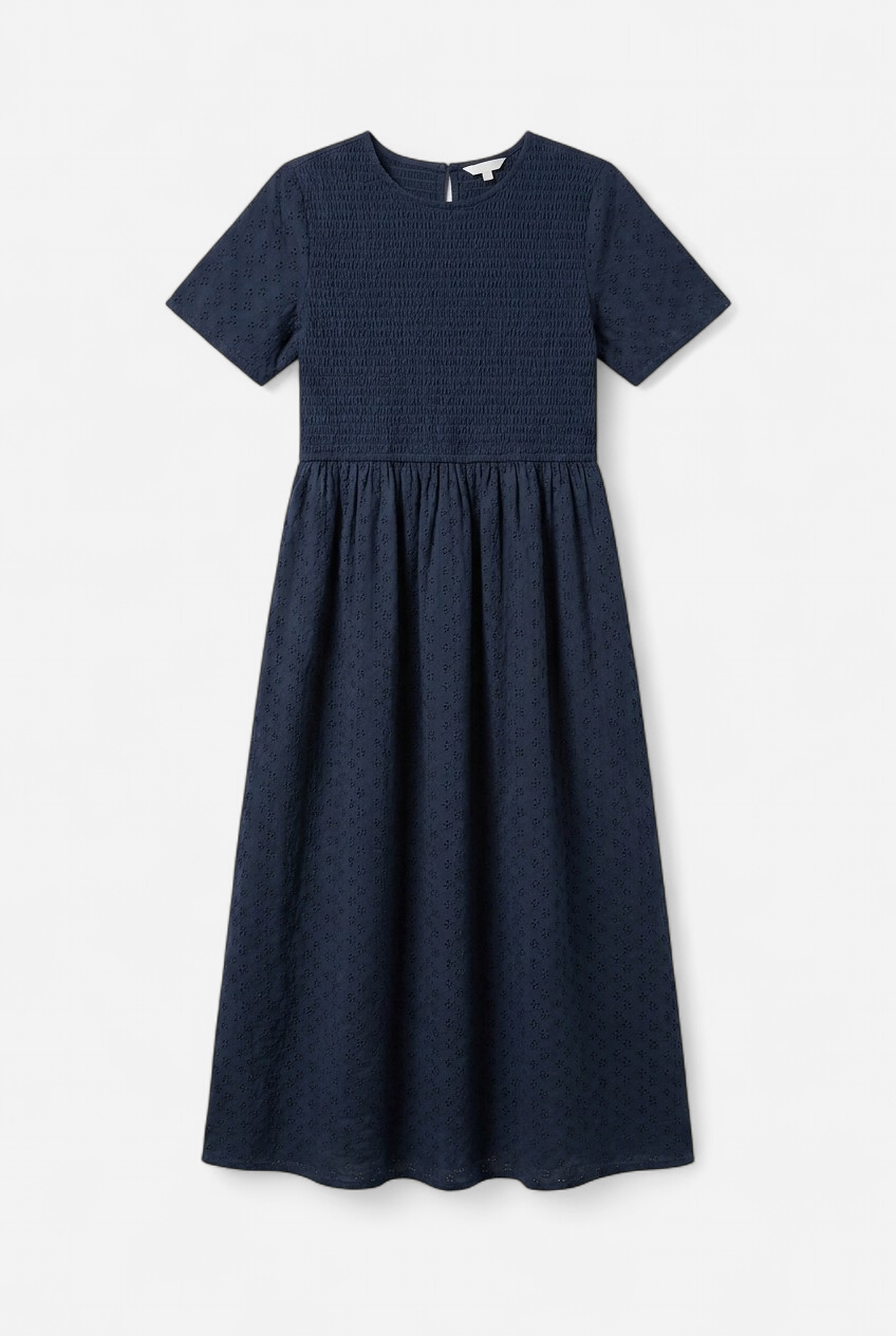Indigo blue midi dress with Swiss embroidery