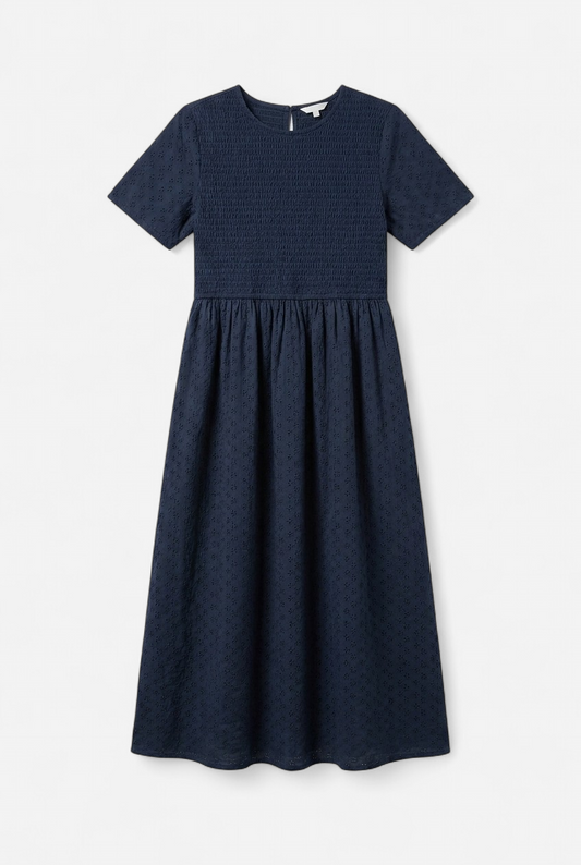 Vestido midi azul índigo bordado suizo