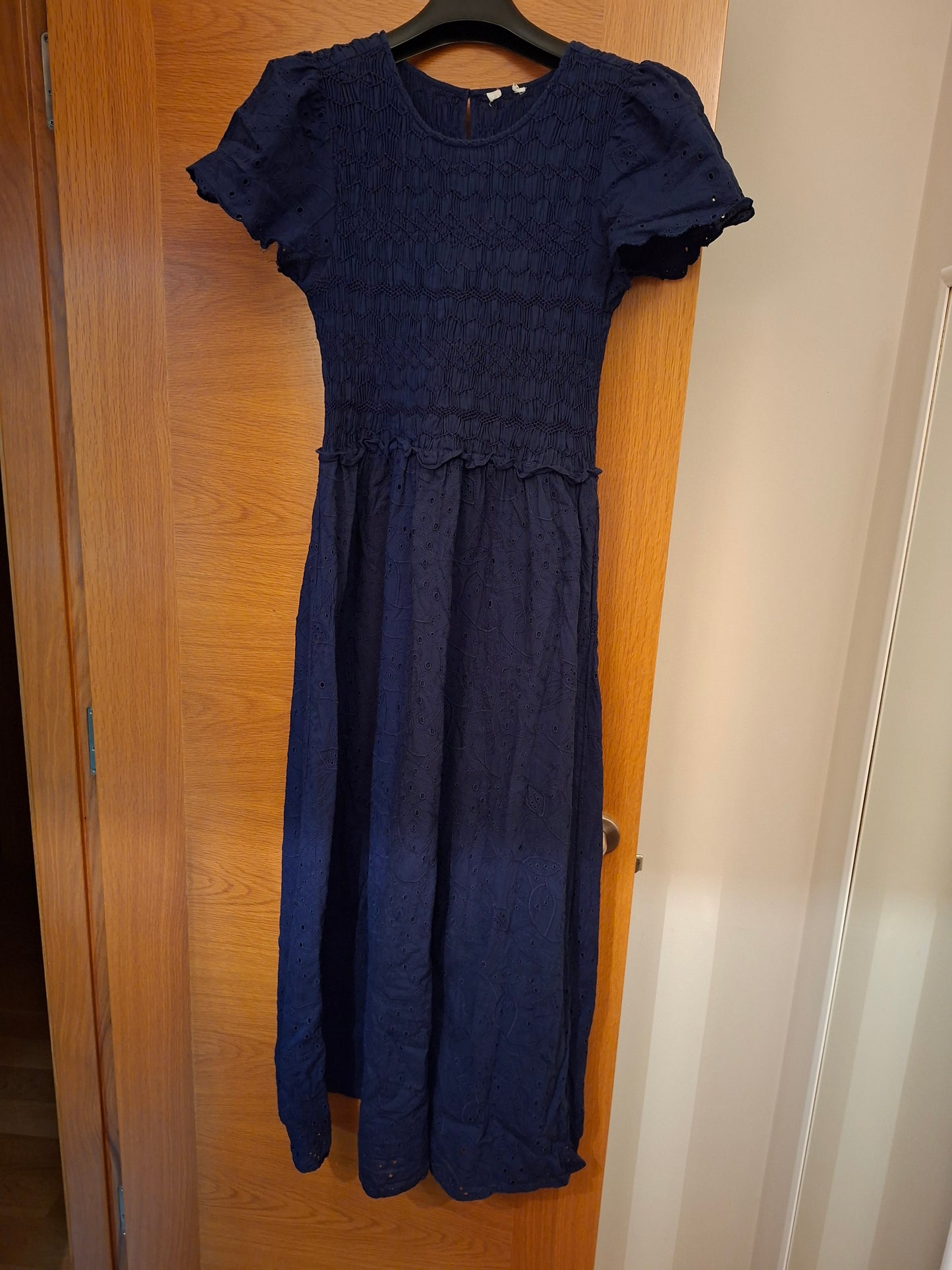 Indigo blue midi dress with Swiss embroidery