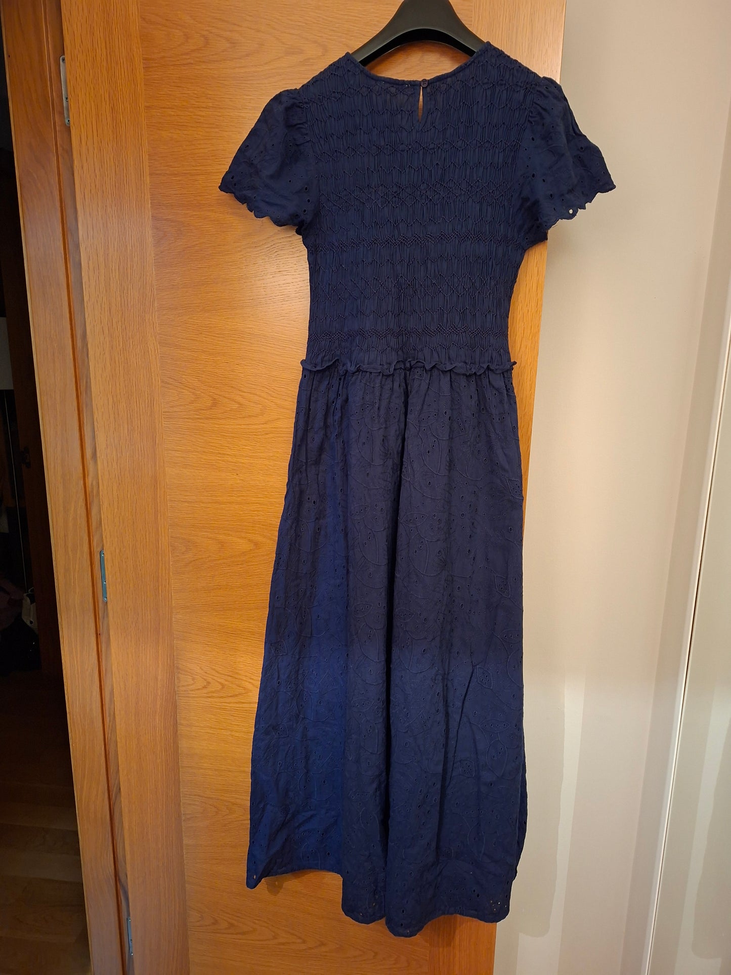 Indigo blue midi dress with Swiss embroidery