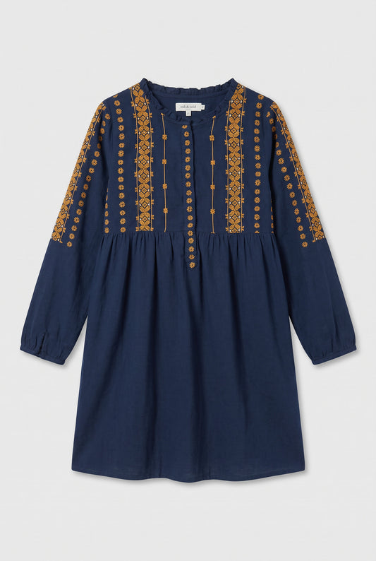 Vestido azul con bordados en amarillo