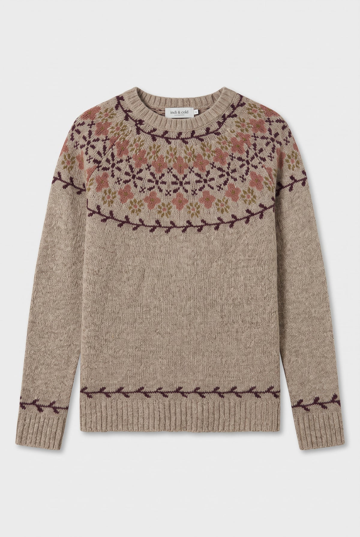 Pull beige avec bordure florale