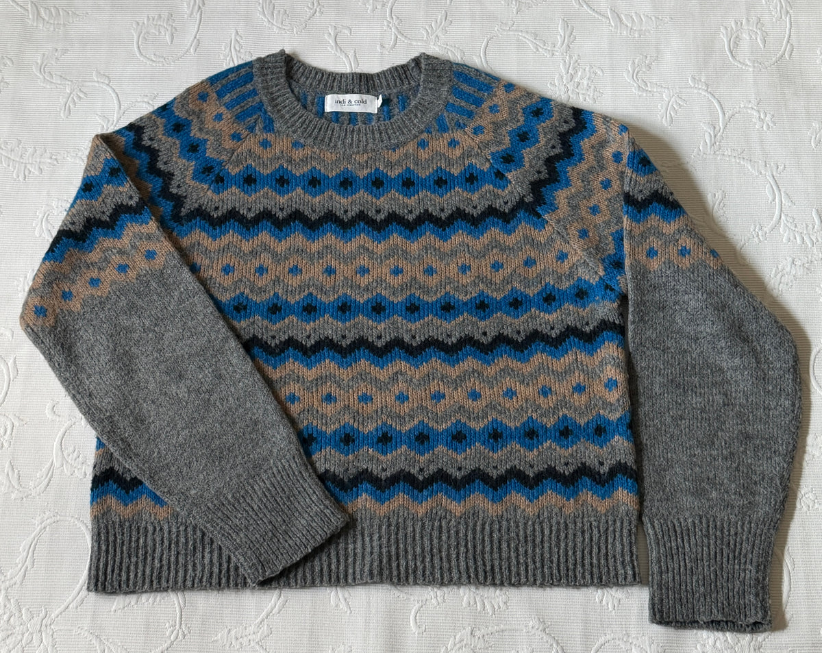 Pull gris avec frises multicolores