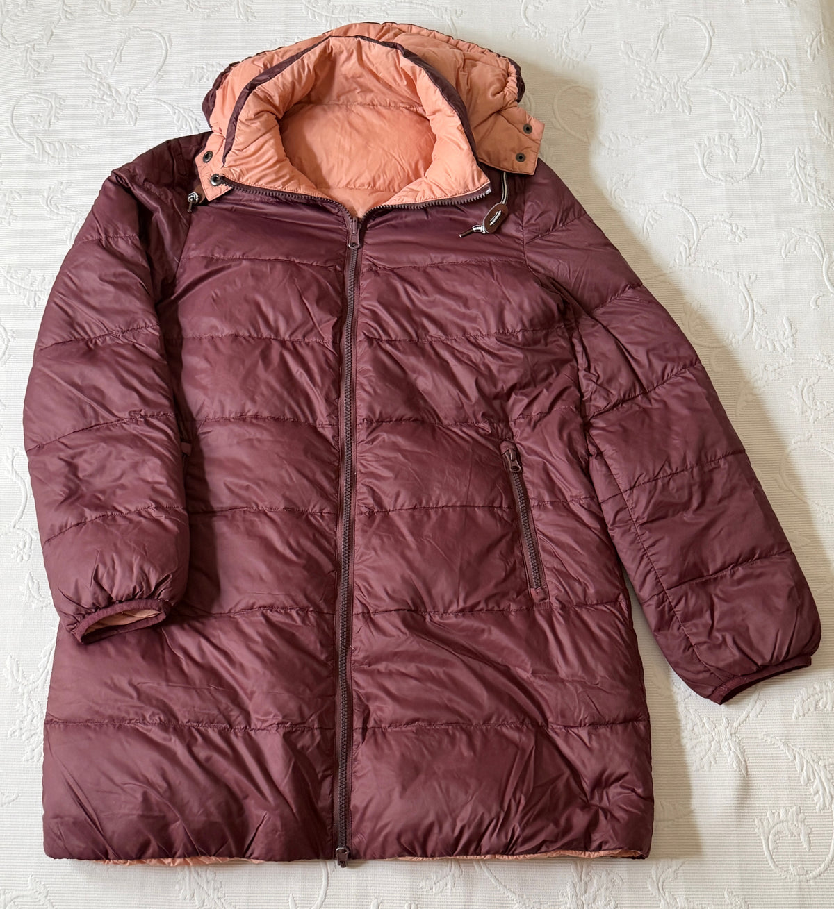 Doudoune réversible en duvet bordeaux/rose