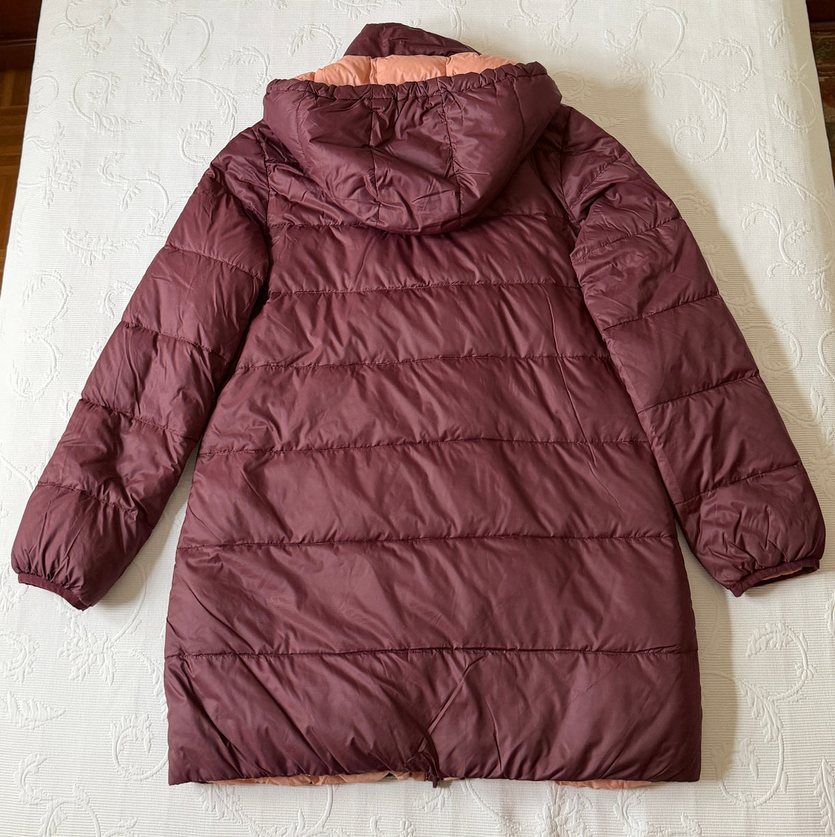 Doudoune réversible en duvet bordeaux/rose