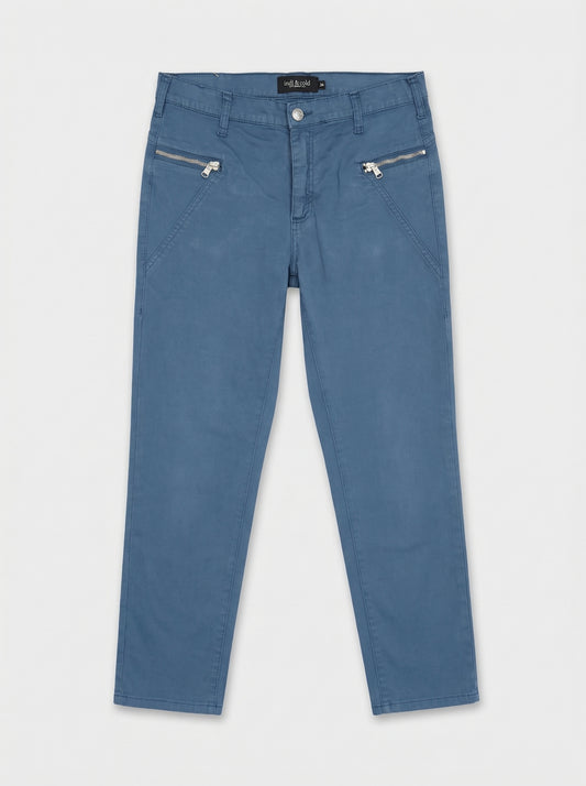 Zippered pants, indigo blue.