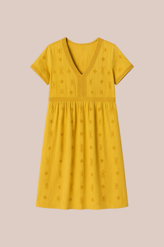 Mustard-colored embroidered dress